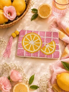 Pink & Yellow Beaded Checkerboard Coin Purse